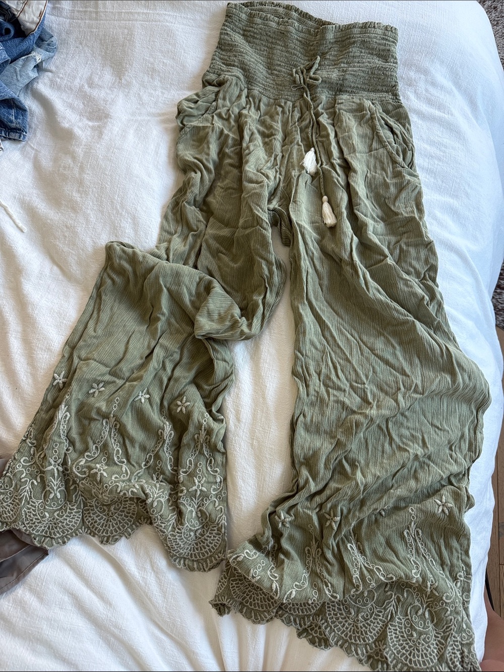 Olive Green Embroidered Palazzo Pants